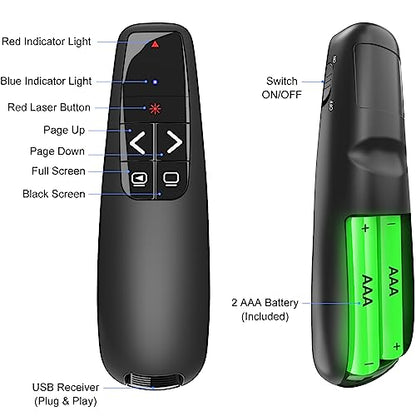 Presentation Clicker with Case, Wireless Presenter Remote & Red Laser | 2‑in‑1 USB/Type C Receiver, Slideshow Google Slide Advancer, Computer PowerPoint PPT Clicker for Mac/Windows Laptop - style: Red Laser + Case