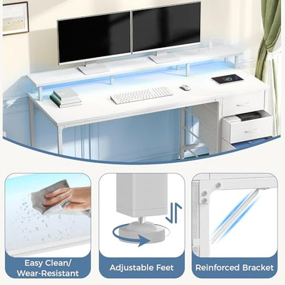DUMOS 40-Inch Gaming Desk with Power Outlets and LED Lights, White
