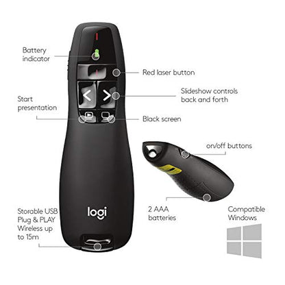 Logitech Wireless Presenter R400, USB-A PowerPoint Clicker with Laser Pointer, Wireless Presentation Clicker Remote - color: Red Laser, style: 5 buttons