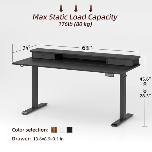 TIQLAB Standing Desk with Two Drawers, Stand Up Standing Desk Adjustable Height, Electric Sit Stand Table with Storage Shelf and Splice Board, 63 * 24 inch, Black - color: Black, size: 63*24 inch without keyboard tray