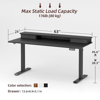TIQLAB Standing Desk with Two Drawers, Stand Up Standing Desk Adjustable Height, Electric Sit Stand Table with Storage Shelf and Splice Board, 63 * 24 inch, Black - color: Black, size: 63*24 inch without keyboard tray