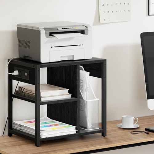 Garvee 3-Tier Printer Stand, Rolling Under Desk Printer Cart with Lockable Wheels, Industrial Mobile Printer Table with Power Outlets, USB Ports & Paper Storage Shelf for Home, Office, Retro Black - color: Retro Black