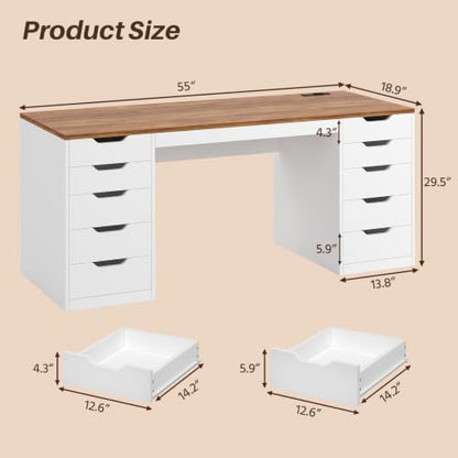 YOMILUVE 55 Inch Computer Desk with 10 Drawers and Outlets for Home Office - color: Brown and White, size: 55inch-10drawers