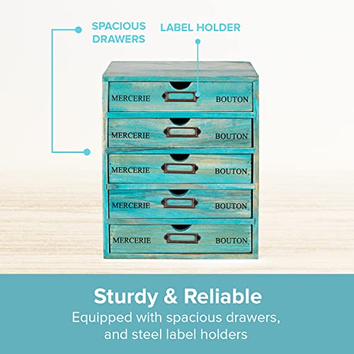 5-piece Full Matching Set Turquoise Wooden Cabinets,European Country Style Desk Organizer Boxes,Multi-level Teal Wooden Stackable Drawers,Countertop Organizer Drawers w/ Label Holder,Desktop Chests - style: Matching set I All 5 styles