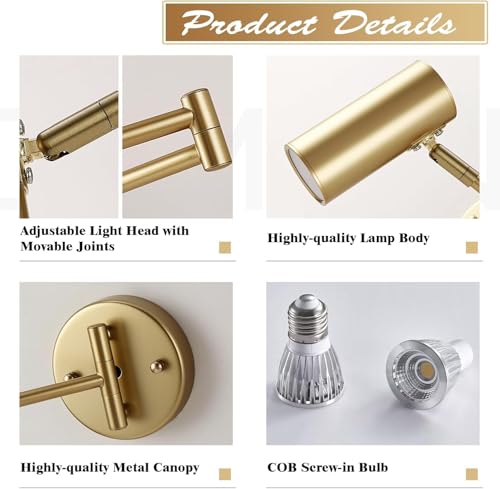 KCO Lighting Swing Arm Wall Sconces Reading Light Brushed Brass Wall Sconce Hardwired Gold Wall Light Fixtures Adjustable Wall Lamps for Bedroom Office Living Room - color: Gold-1