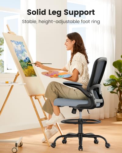 ErGear Drafting Chair,Tall Office Chair with Flip-Up Armrests, High Desk Chair Adjustable Height and Adjustable Footrest Ring, Ergonomic Standing Desk Chair with Lumbar Support, Blue - color: Blue