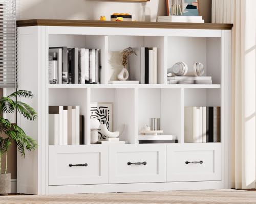 10 Cube Storage Organizer, Wooden Cubby Bookshelf, Cube Shelf Bookcase with 3 Drawers, Farmhouse Short Bookcase, 3 Tiers Floorstanding Open Bookshelf, Display Storage Shelves, White and Walnut - color: White + Walnut
