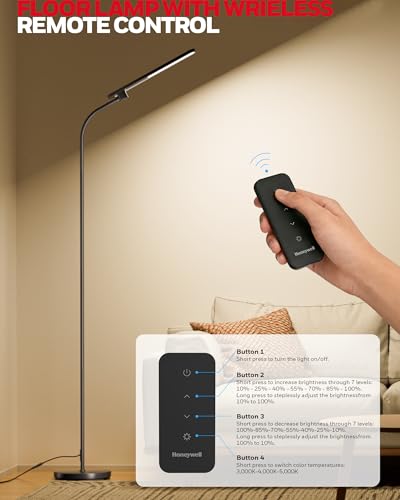 Honeywell LED Floor Lamp with Remote, CRI97 Dimmable Gooseneck 77" Black | 96 Sunturalux LED Beads 3 Color Temps 3000K-5000K,Wireless Remote,Modern Standing Lamp for Living Room Bedroom Office Reading - color: New Black
