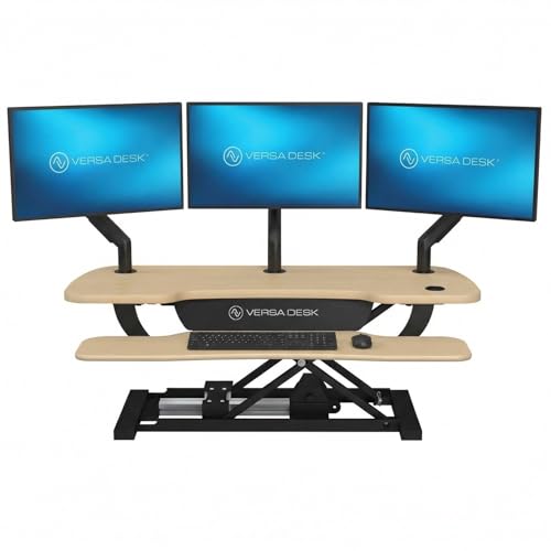 VERSADESK PowerPro 40 Inch Electric Standing Desk Converter – Push-Button Height Adjustable Sit to Stand Desk Riser for Triple Monitors & Laptop – Motorized Desktop Workstation with Wide Keyboard Tray - color: Maple, size: 40" Wide