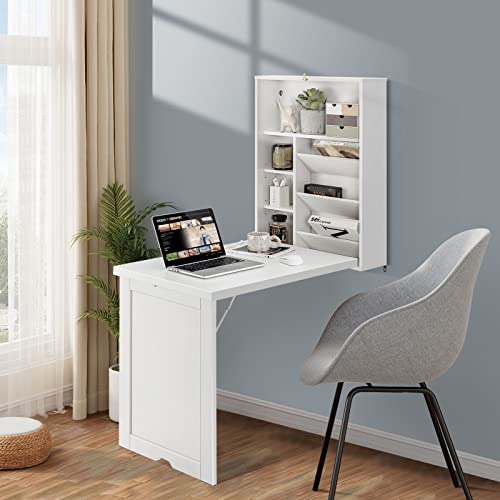 Wall Mounted Desk, Wood Collapsible Floating Desk, Convertible Computer Desk with Storage Area, Hanging Fold Out Table for Home Office, Small Spaces (White) - color: White