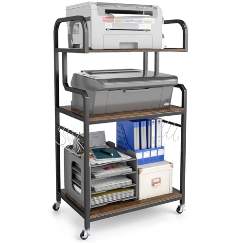 GIANTEX 3-Tier Rolling Printer Stand with Storage Shelves, 10 Hooks & Locking Wheels, 24"x16"x43.5" Heavy-Duty Tall Printer Table for Shredder Scanner Fax, Home Office Storage Organization (Brown) - color: Rustic Brown, size: 24"x16"x43.5"