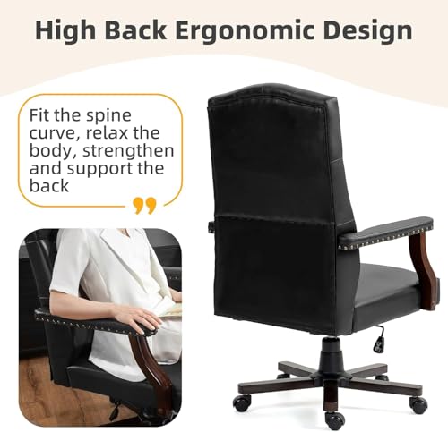 Tufted Office Chair, Faux Leather Executive Desk Chair w/High Back & Nail Head Trim,Ergonomic Wingback PC Chair for Home Living Room (Black) - color: Black
