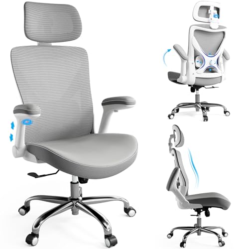 Ergonomic Office Chair:Home Office Desk Chairs with Headrest Lumbar Support | Ergalithic Ergonomic Desk Chair X-Shaped Mesh PU Leather Executive Computer Chair High Back Flip-Up Arms for Long Hour - color: White-grey