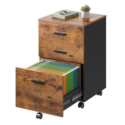 DEVAISE 3 Drawer Wood Mobile File Cabinet, Rolling Filing Cabinet for Letter/A4 Size, Rustic Brown - color: Rustic Brown, size: 15.7"D x 16.2"W x 25.7"H