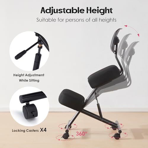 Kneeling Chair with Backrest Adjustable Linen Ergonomic Home Office Chair | Improve Posture Chair with Brake Rolling Wheels Thick Cushion Work Stool Back Pain Relief - color: Black-linen