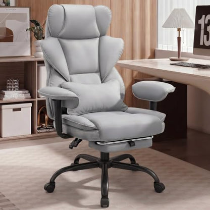 ALLGOD Office Desk Chair, Big and Tall Executive Chair with Lumbar Support, High Back Computer Gaming Chair, PU Leather with Pocket Spring Cushion, Adjustable Armrests and Footrest, Grey - color: Lightgrey