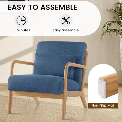 Mid Century Modern Accent Chair Set of 2, Upholstered Chair for Living Room, Accent Chair with Lumbar Pillow Solid Wood Frame Reading Chair Armchair for Bedroom Small Spaces, Blue - color: Blue