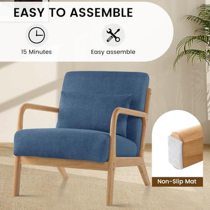 Mid Century Modern Accent Chair Set of 2, Upholstered Chair for Living Room, Accent Chair with Lumbar Pillow Solid Wood Frame Reading Chair Armchair for Bedroom Small Spaces, Blue - color: Blue
