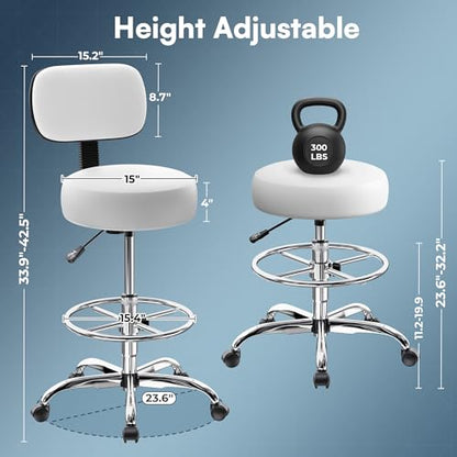 SUPERJARE Drafting Chair with Backrest, Adjustable Foot Rest Rolling Stool | Multi-Purpose Shop Stool, Drafting Stool, Office Desk Chair, Bar Stools with Thick Seat Cushion for Home Bar Kitchen, White - color: White