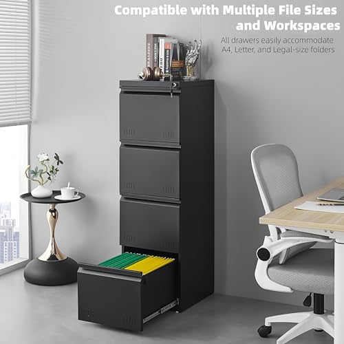 Approgreent Vertical 4 Drawer File Cabient with Lock, Metal Filing Cabinets for Home Office, Heavty Duty Office Storage Cabinet for A4/Letter/Legal (Matte Black) - color: 15-i Black