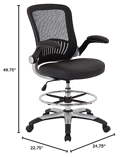 Office Star DC Series Mesh Back Drafting Chair with Adjustable Footring and Padded Flip Arms, Black Faux Leather Seat