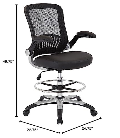 Office Star DC Series Mesh Back Drafting Chair with Adjustable Footring and Padded Flip Arms, Black Faux Leather Seat