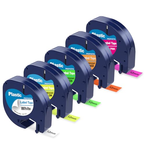 Colored Plastic Label Tape Strong Adhesion for Letratag LT-100H | 5 Pack 12mm x 4m Labels Replace for Dymo Letratag Refill Compatible with Dymo LetraTag Print Clearly for the Letratag LT-100T - color: Black on White/Fluorescent Yellow/Green/Orange/Neon Pi