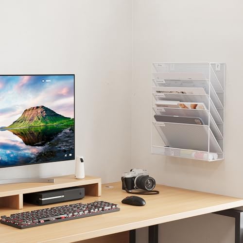 EasyPAG 5 Tier Wall File Holder, Mesh Hanging Folder Organizer with Classify Label, Versatile Desk File Holder, Vertical Wall Mounted Mail Organizer for Office Home Cubicle, White - color: White