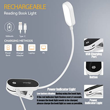 VAVOFO Rechargeable Book Light, 14 LEDs Eye Care Clip On Amber Reading Light for Bookworms Reading in Bed with 9 Colors 9 Brightness (White-Black) - color: White-Black
