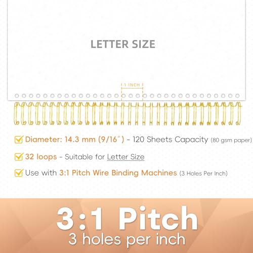 Rayson Wire Binding Spines, 9/16" 3:1 Pitch, 32-Loop Gold, 100 Pack | Binds up to 120 sheets; fits 3:1 pitch machines for reports, manuals and projects.