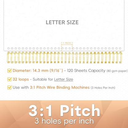 Rayson Wire Binding Spines, 9/16" 3:1 Pitch, 32-Loop Gold, 100 Pack | Binds up to 120 sheets; fits 3:1 pitch machines for reports, manuals and projects.