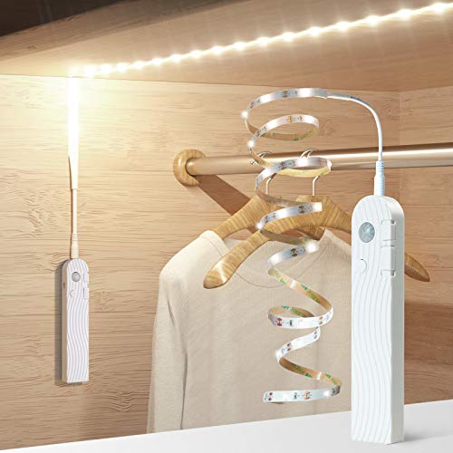 Sensky Motion Sensor Strip Lights Rechargeable Motion Activated LED Strip Light Dimmable Cabinet Light Strip for Wardrobe, Cabinet, Pantry, Closet(1M, Cool White) - color: 6000K Cool White, size: 1m White Sensor