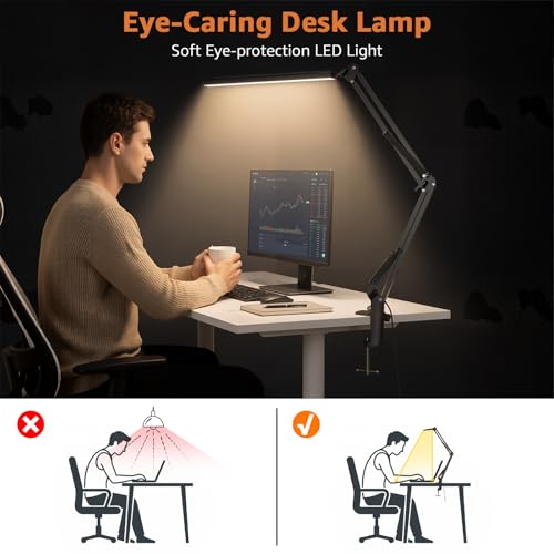 Upgrade Swing Arm LED Desk Lamp with Clamp, 80 LED Beads, 5 Color Modes & 11 Brightness Levels, 360° Adjustable Arm, Eye-Caring Light CRI95, Timer & Memory Function, for Office, Study, Crafting - color: Clip-Black