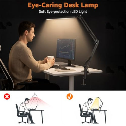 Upgrade Swing Arm LED Desk Lamp with Clamp, 80 LED Beads, 5 Color Modes & 11 Brightness Levels, 360° Adjustable Arm, Eye-Caring Light CRI95, Timer & Memory Function, for Office, Study, Crafting - color: Clip-Black