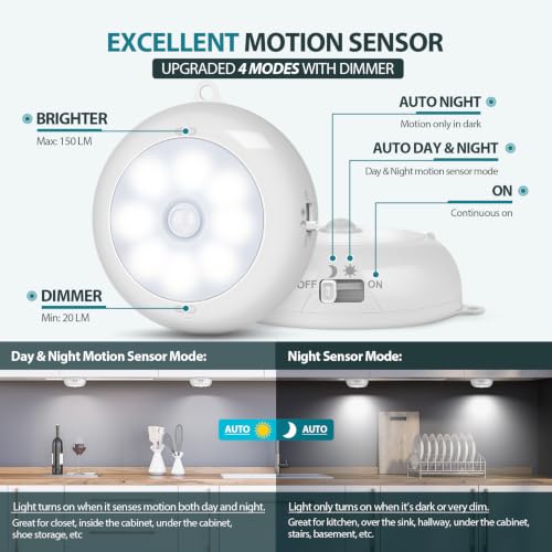 Reoshine Motion Sensor Light Indoor AA Battery Operated, Under Cabinet Lighting, Magnetic Stick on LED Puck Lights for Stair, Wall, Closet, Dimmable, 6000K Cool White (6 Pack) - color: Cool White