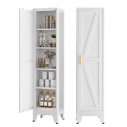 COFaR Tall Bathroom Storage Cabinet, Metal Farmhouse Narrow Slim Cabinet with Adjustable Shelves Barn Door for Bathrooms, Kitchens, Entrances Living Room (White) - color: White, size: 67" Farmhouse Narrow