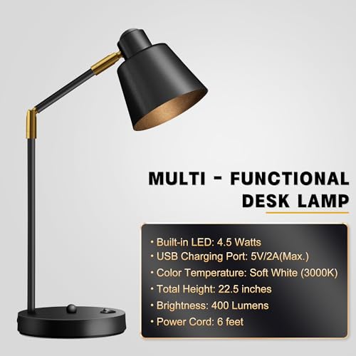 Anxingtools LED Desk Lamp with Dual USB Charging Ports, 100% Metal, 270° Swivel Arms, Soft White Light (3000K), Bedside Reading Lamp, Home Office Lamp (Black) - color: Black