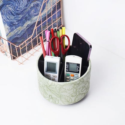 Round Leather Art Supply Organizer,Remote Control Holder,360 Degree Spinning,Multi-Functional Pencil Holder,4 Compartments Desktop Stationary Organizer(1-Carved Green) - color: 1-Carved Green