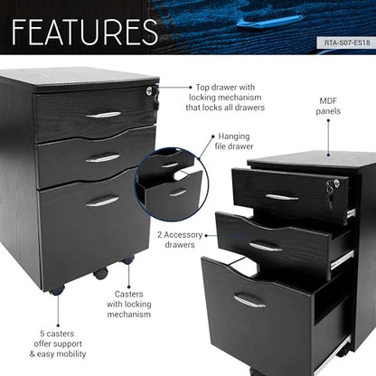 3‑Drawer Rolling File Cabinet w/ Lock, Under‑Desk Storage & Wheels,Espresso | Rolling 3‑drawer file cabinet with lock, wheels, mobile storage ideal for under‑desk use in home office, espresso brown