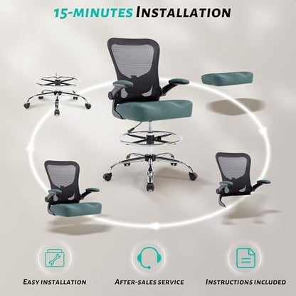 500LBS Ergonomic Drafting Chair Tall Office Chair for Counter Height or Standing Desk, Executive High Office Chairs with W-Shaped Thick Seat Cushion, Footrest Ring & Breathable Mesh, Dark Green - color: Black Frame Dark Green Fabric