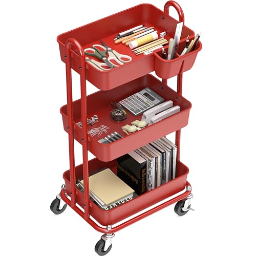 Simple Houseware 3-Tier Rolling Utility Cart with Hanging Bucket, Red | Storage for Bathroom, Kitchen, Office, Study Room, Nursery Diaper - color: Red, size: 3-Tier