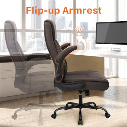 NEO CHAIR Office Desk Chair, High Back PU Leather with Flip-up Arms, Brown - color: Brown