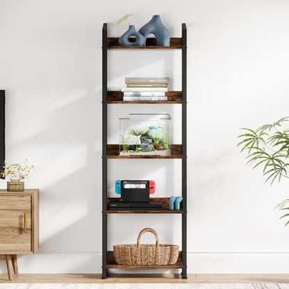 Hosfais 5 Tier Tall Bookshelf: Industrial Wood Book Shelf with Edge Protection Metal Narrow Bookshelf Bookcase Storage Organizer Display Rack for Living Room Home Office (Rustic Brown) - color: Rustic Brown