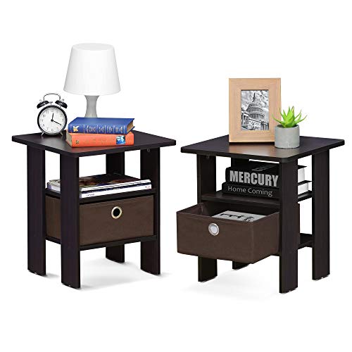 Furinno Andrey Set of 2 End Table / Side Table / Night Stand / Bedside Table with Bin Drawer, Dark Walnut | Open Shelf and Storage Bin, Modern Night Stand, Bedside Table, for Small Spaces, Study, Dorm, Living Room, Bedroom - color: Dark Walnut, size: 2-Pa