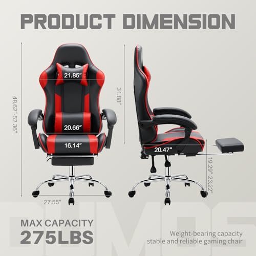DUMOS Ergonomic Gaming Chair with Footrest, Home Office Desk Chair | PU Leather, Headrest, Linkage Armrests, Height Adjustable, 360 Swivel Reclining, Black Red - color: Black Red, size: PU Leather 27"D x 25"W x 52"H