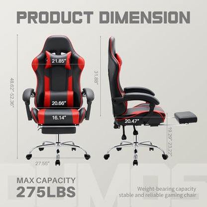 DUMOS Ergonomic Gaming Chair with Footrest, Home Office Desk Chair | PU Leather, Headrest, Linkage Armrests, Height Adjustable, 360 Swivel Reclining, Black Red - color: Black Red, size: PU Leather 27"D x 25"W x 52"H