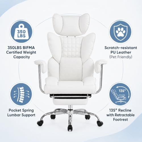 Big and Tall Office Chair, Ergonomic Executive Desk Chair with Footrest and Lumbar Support, Heavy Duty PU Leather Reclining Computer Chair with Extra Wide Seat for Home Office, Beige - color: Beige