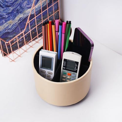 Round Leather Art Supply Organizer,Remote Control Holder,360 Degree Spinning,Multi-Functional Pencil Holder,4 Compartments Desktop Stationary Organizer(1-Oil Apricot) - color: 1-Oil Apricot