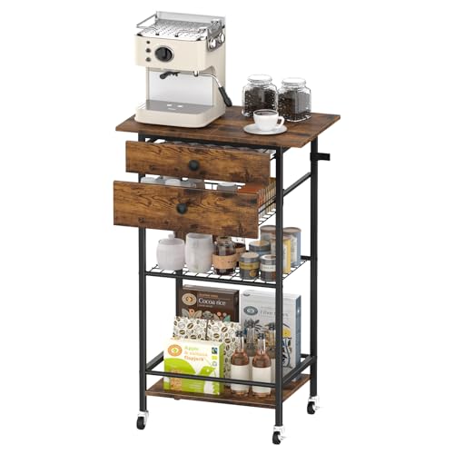 Rolling Coffee Cart,5-Tier Coffee Bar Cart with Pod Drawer Holder & Wire Storage Basket,33.6" H Small Coffee Station Cabinet with Storage,for Living Room,Dining Room,Home Office,Brown - color: Brown