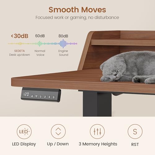 SEDETA Standing Desk with Storage, 55" Fluted Stand Up Desk with Power Outlets and LED Lights, Height-Adjustable Table with Monitor Shelf for Home Office & Gaming, Brown - color: Brown